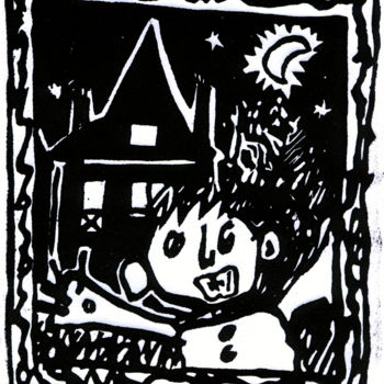 Printmaking titled "À OLORON À MI-NUIT" by Bruno Laxague, Original Artwork, Linocuts