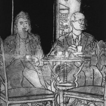 Gravures & estampes intitulée "COUPLE AUX CAFÉS" par Bruno Laxague, Œuvre d'art originale, Eau-forte