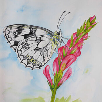Malerei mit dem Titel "The Butterfly" von Bledi Kita, Original-Kunstwerk, Aquarell