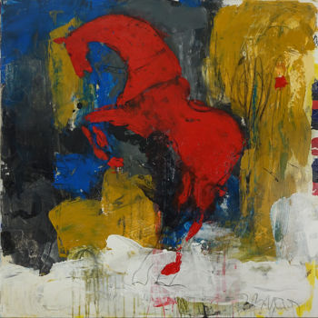 Schilderij getiteld "Cheval-rouge-100x100" door Blezot, Origineel Kunstwerk, Acryl