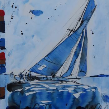 Painting titled "THE BLUE YACHT" by Blezot, Original Artwork, Acrylic Mounted on Wood Stretcher frame