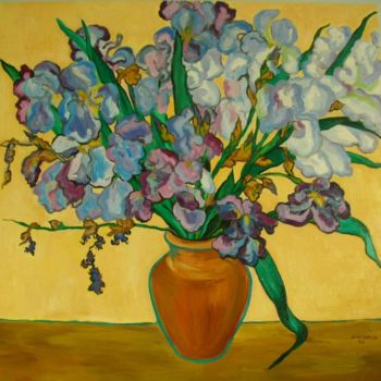 Schilderij getiteld "vaso con iris" door Anastasia, Origineel Kunstwerk, Olie