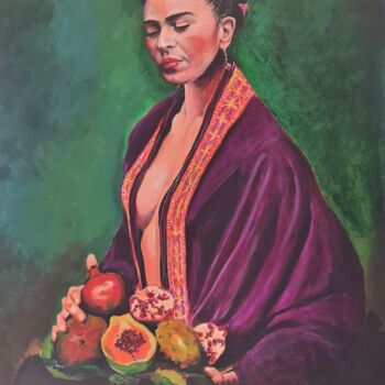 Painting titled "Frida aux fruits" by Ballanger_lenoir, Original Artwork, Acrylic Mounted on Wood Stretcher frame