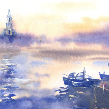 Painting titled "Quiet pier" by Veronika Shepilova (Blueberry Artist), Original Artwork, Watercolor