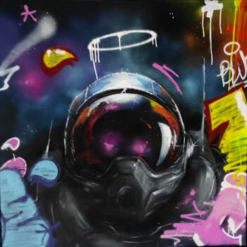 제목이 "Lunatic astronot'"인 미술작품 Blure로, 원작, 페인트 스프레이 나무 들것 프레임에 장착됨