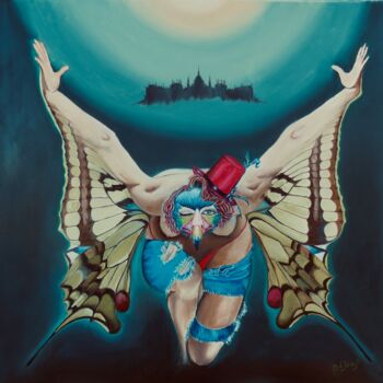 Painting titled "Fly away" by Bob Ivens, Original Artwork, Oil Mounted on Wood Stretcher frame