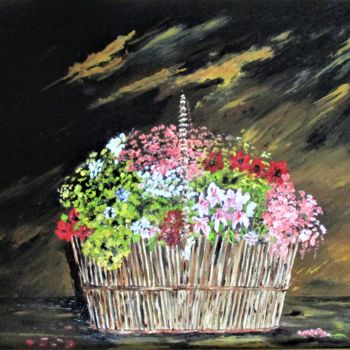 Painting titled "Panier de fleurs" by Roberto Urbano, Original Artwork, Oil Mounted on Wood Stretcher frame