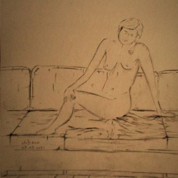Drawing titled "Daphné sur le canapé" by Roberto Urbano, Original Artwork, Pencil
