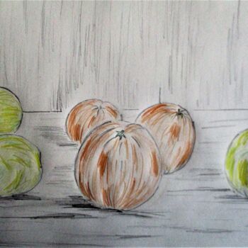 Dessin intitulée "3 Pommes et 3 Orang…" par Roberto Urbano, Œuvre d'art originale, Crayon