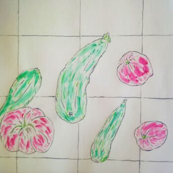 Painting titled "Courgettes tomates." by Roberto Urbano, Original Artwork, Watercolor
