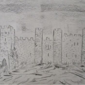 Dessin intitulée "Le château à Obidos" par Roberto Urbano, Œuvre d'art originale, Crayon
