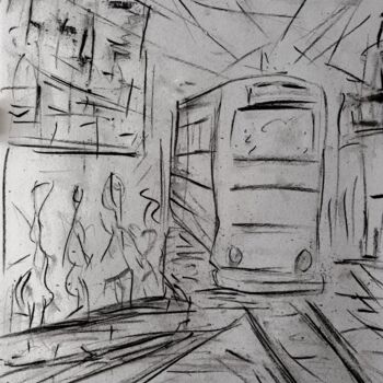 Dessin intitulée "Tram AVIGNON" par Roberto Urbano, Œuvre d'art originale, Fusain