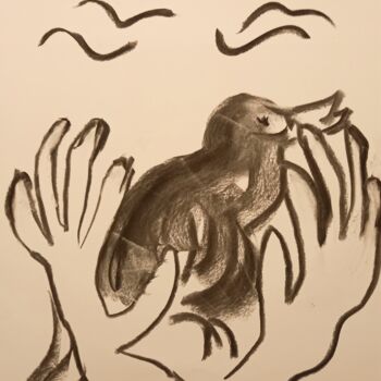 Drawing titled "L' oiseau noir" by Roberto Urbano, Original Artwork, Charcoal