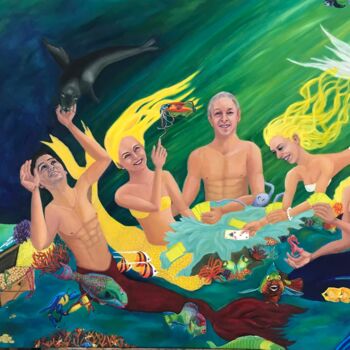 Peinture intitulée "Mermaids Playing Ca…" par Bobbie Salvador, Œuvre d'art originale, Huile Monté sur artwork_cat.