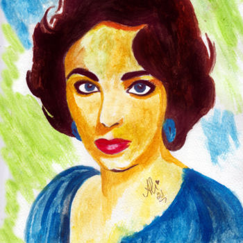 「Elizabeth Taylor」というタイトルの絵画 Bobby Darによって, オリジナルのアートワーク, 水彩画