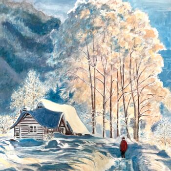 Schilderij getiteld "Mountain house" door Bobette Stanbridge, Origineel Kunstwerk, Olie Gemonteerd op Frame voor houten bran…