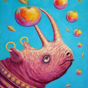 Malarstwo zatytułowany „Rhinoceros - apple” autorstwa Bohdan Wincenty Łoboda, Oryginalna praca, Akryl