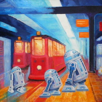 Schilderij getiteld "Metropolis - tramwa…" door Bohdan Wincenty Łoboda, Origineel Kunstwerk, Acryl