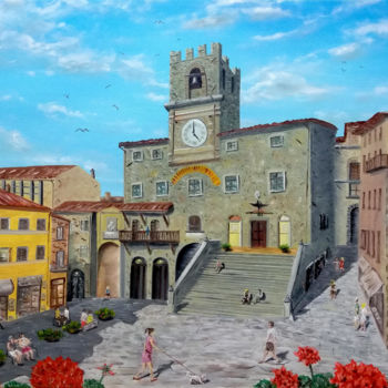 Malarstwo zatytułowany „Cortona, piazza del…” autorstwa Leandro Boi, Oryginalna praca, Olej