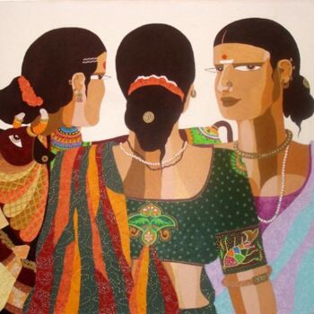 Painting titled "WOMEN with NANDHI" by Bolgum Nagesh Goud, Original Artwork