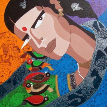 Painting titled "WOMEN with BIRDS" by Bolgum Nagesh Goud, Original Artwork