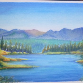 Painting titled "Peacefull lake" by Bom Art, Original Artwork, Pastel