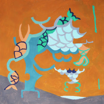 Картина под названием "Fish scales-foliage…" - Katia Bondar, Подлинное произведение искусства, Акрил Установлен на Деревянна…