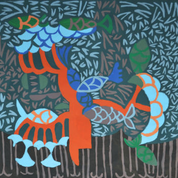 Pintura intitulada "Fish scales-foliage…" por Katia Bondar, Obras de arte originais, Acrílico Montado em Painel de madeira