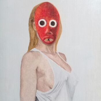 Schilderij getiteld "Rubia con máscara r…" door Bonifacio Contreras, Origineel Kunstwerk, Olie