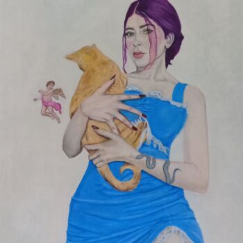 Painting titled "Jazmín con gato." by Bonifacio Contreras, Original Artwork, Oil