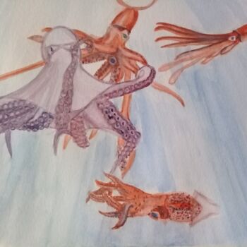 Peinture intitulée "Calamares contra pu…" par Bonifacio Contreras, Œuvre d'art originale, Aquarelle