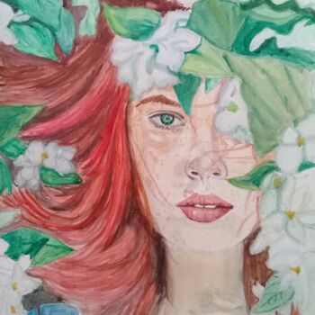 Pintura intitulada "Mirada entre flores" por Bonifacio Contreras, Obras de arte originais, Aquarela