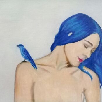 Pintura intitulada "Pájaro azul" por Bonifacio Contreras, Obras de arte originais, Óleo