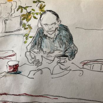 Dibujo titulada "Homme lisant au café" por Charlotte Bonnet, Obra de arte original, Lápiz