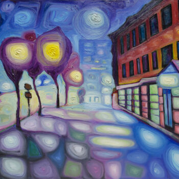 「Night city lights」というタイトルの絵画 Boris Suboticによって, オリジナルのアートワーク, オイル ウッドストレッチャーフレームにマウント