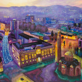 Peinture intitulée "Night City of Banja…" par Boris Subotic, Œuvre d'art originale, Huile Monté sur Châssis en bois