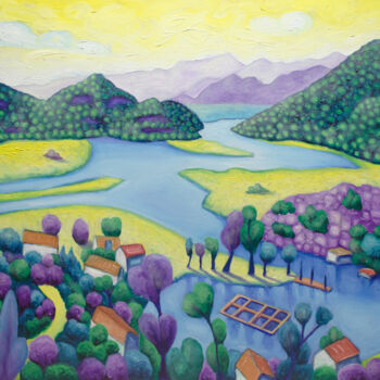 Malarstwo zatytułowany „Lake Skadar” autorstwa Boris Subotic, Oryginalna praca, Olej Zamontowany na Drewniana rama noszy