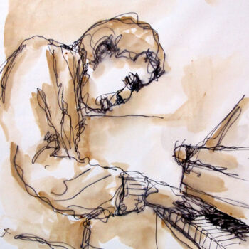 Drawing titled "Sur mon piano" by Boris Barbey, Original Artwork, Watercolor