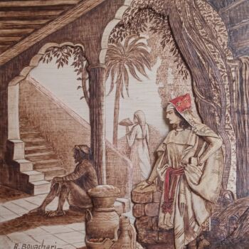 Scultura intitolato "Femme kabyle faisan…" da Ahmed Bouachari, Opera d'arte originale, Legno Montato su Telaio per barella i…