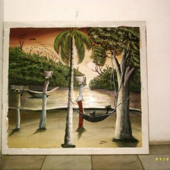 Картина под названием "couché de soleil au…" - Boubacar Sow, Подлинное произведение искусства, Масло