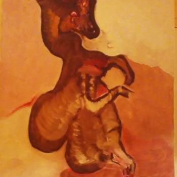 Painting titled "tendre singe" by Farhat Boudokhane, Original Artwork, Oil Mounted on Wood Stretcher frame
