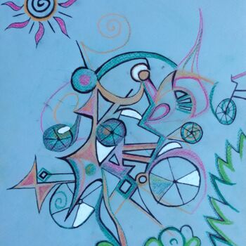 Painting titled "Les cyclistes" by Greensleeves, Original Artwork, Conté