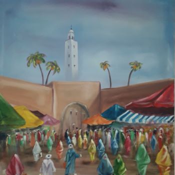 Painting titled "SOUK HEBDOMADAIR" by Bouzga Hassan, Original Artwork, Oil