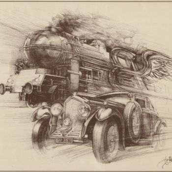 Dessin intitulée "The Blue Train Race" par Boyan Yanev, Œuvre d'art originale, Encre