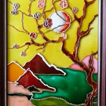 Painting titled "Сакура" by Elena Boyarintseva, Original Artwork, Stained glass painting Mounted on Glass