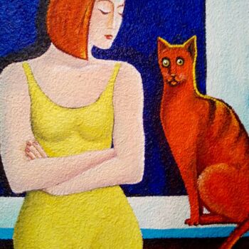 Painting titled "Рыжая девушка с рыж…" by Elena Boyarintseva, Original Artwork, Acrylic Mounted on Wood Stretcher frame