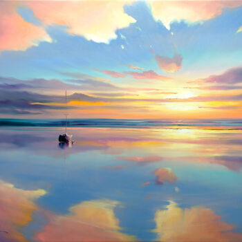 Painting titled "Where Sky Meets Wat…" by Bozhena Fuchs, Original Artwork, Oil Mounted on Wood Stretcher frame