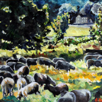Schilderij getiteld "troupeau de mouton" door Pascal Brachet, Origineel Kunstwerk, Olie