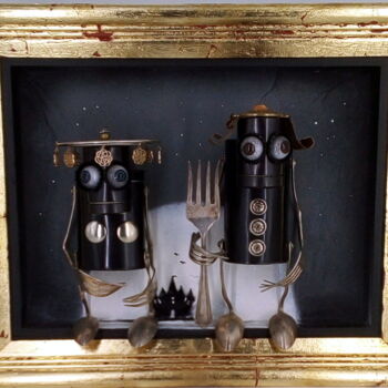Escultura titulada "2 bots* 3d wall art…" por Branimir Misic, Obra de arte original, Metales Montado en Panel de madera