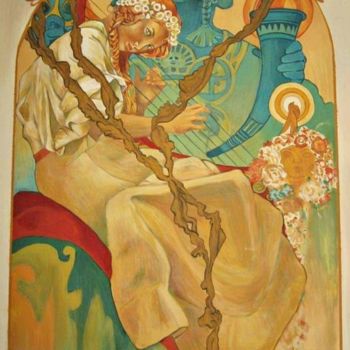 Pittura intitolato "Woman and a harp" da Branislava Grubjesic Pantelic, Opera d'arte originale, Tempera